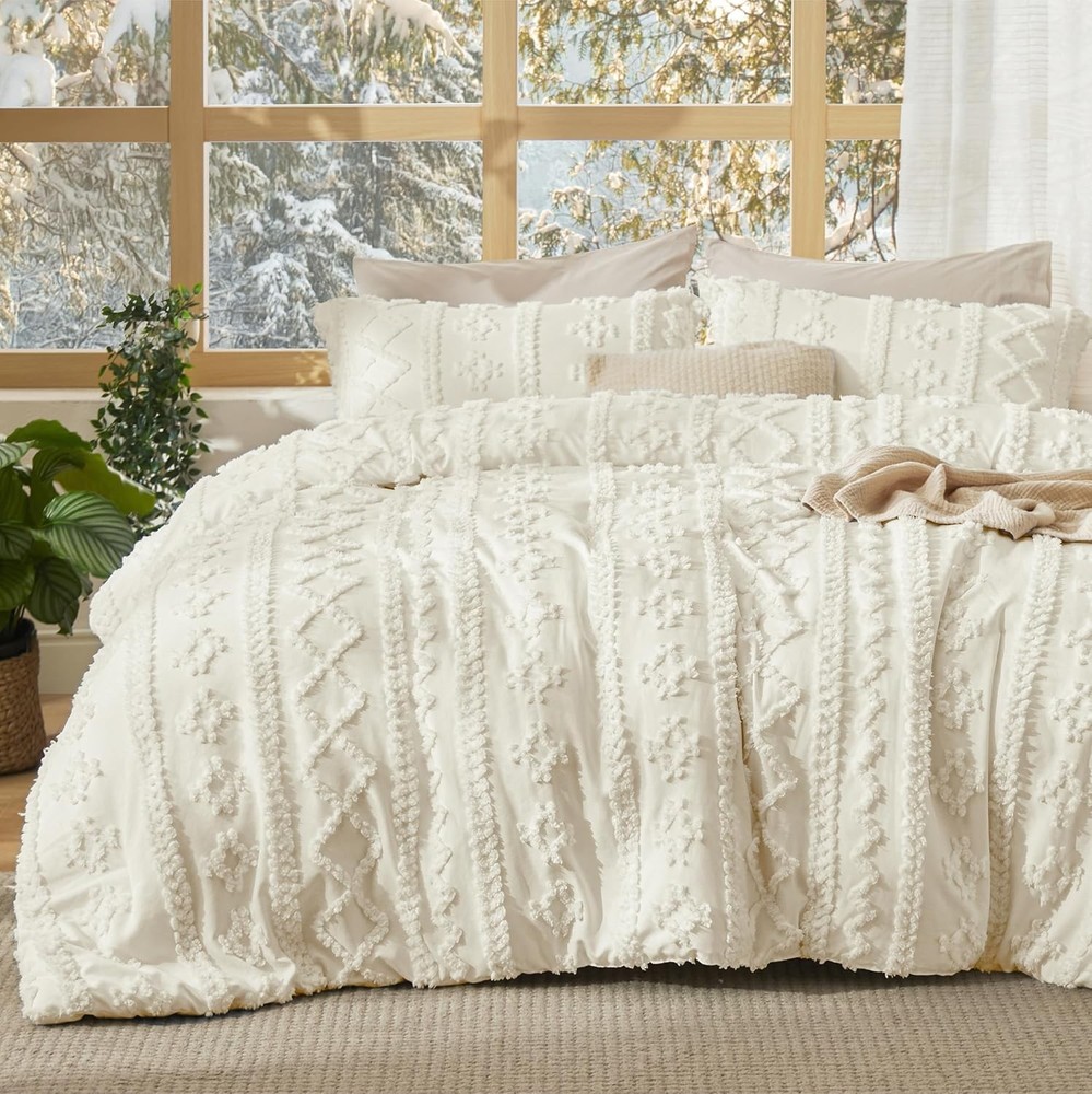Tufted Boho Comforter Set King Size Ivory Boho Bed Set 3 Pcs
