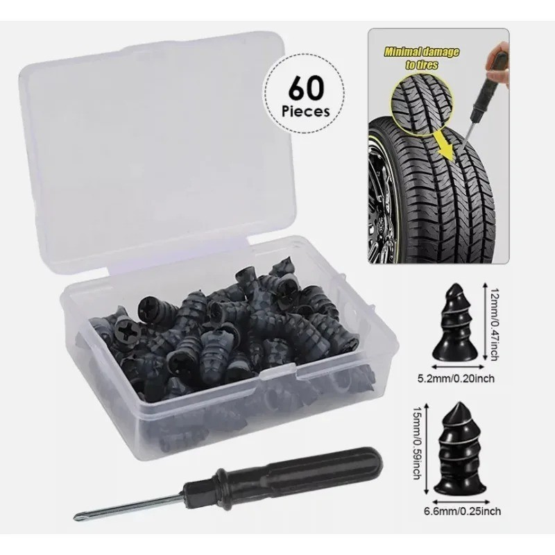 60pcs Car Tubeless Vacuum Tyre Puncture Repair Kit Screw Nails Tire Patch Plug