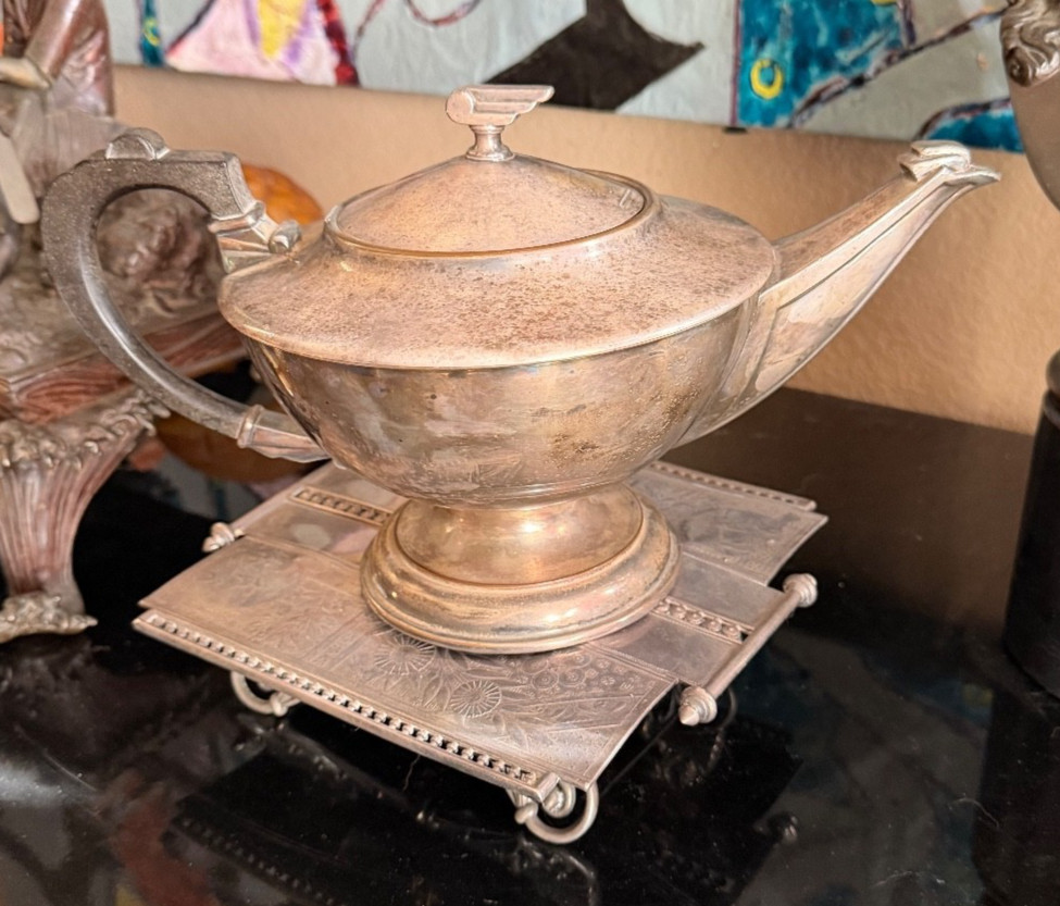 Antique Art Deco  Silver  Teapot with Bakelite Handle 1920s Unique Rare Design