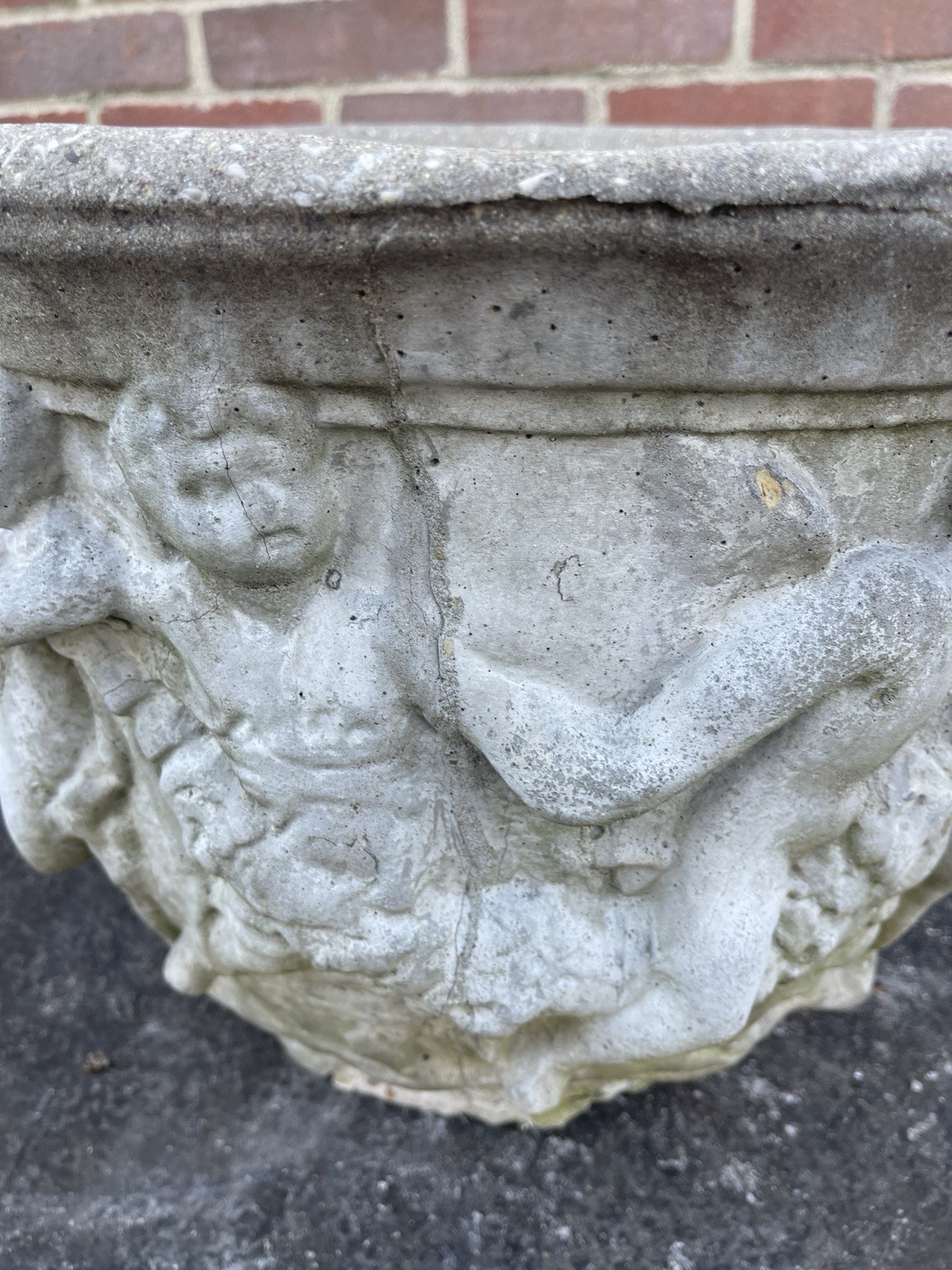 Antique Weathered Concrete Garden Urn Planter 18” Round 14” Tall Patina Cherub