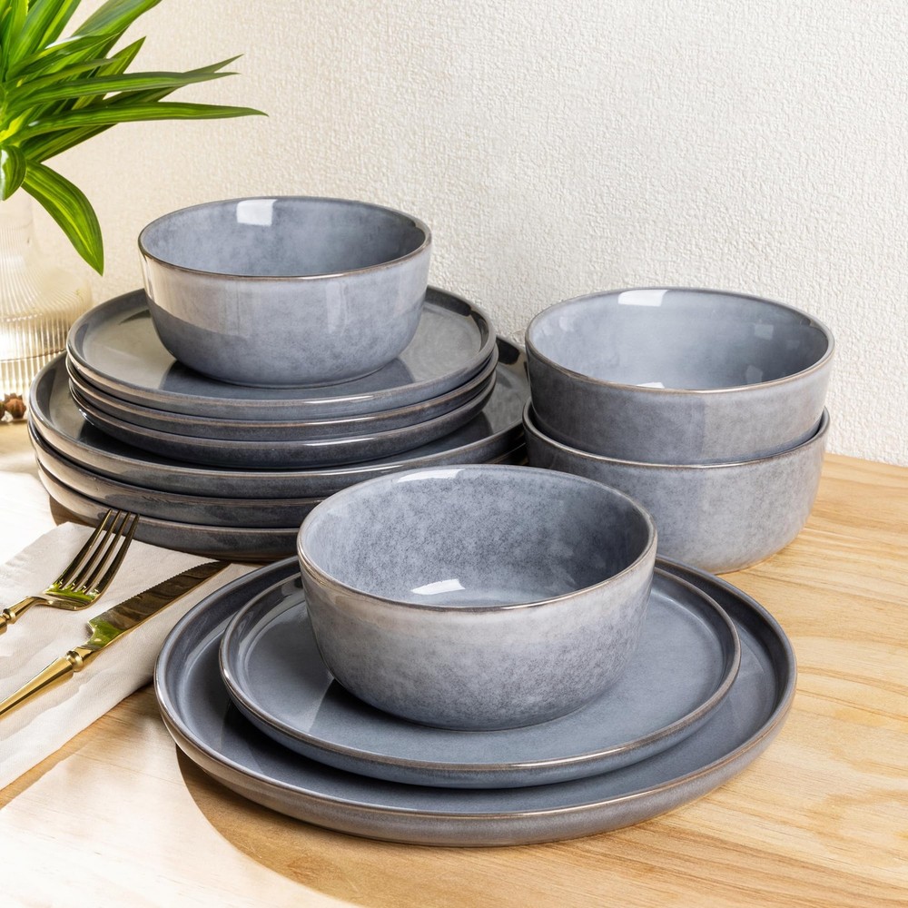 Stoneware Dinnerware Sets,Round Reactive Ceramic Plates and Bowls Sets,Highly...