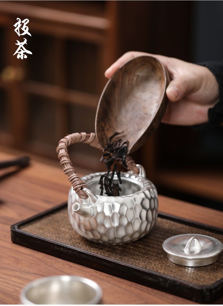 KungFu Tea Set 999 Sterling Silver Pot Cup Ceramic Hammer Pattern Portable Set