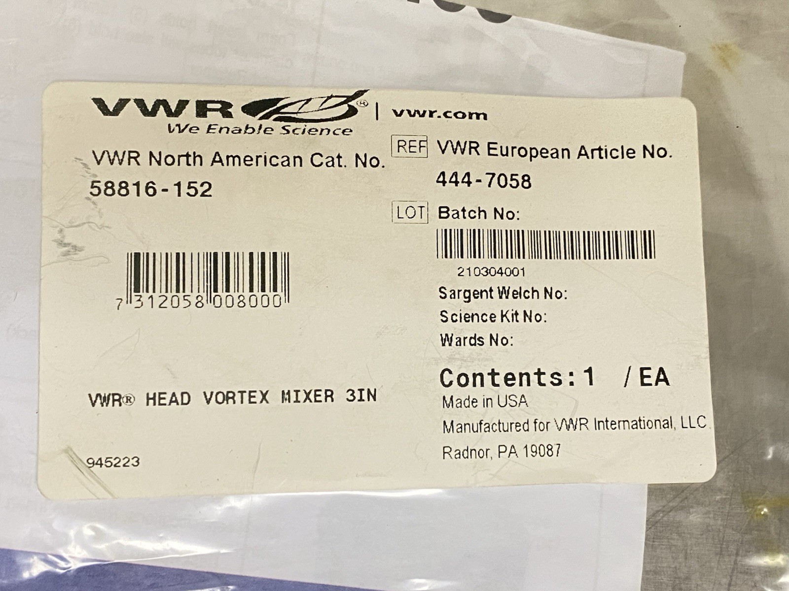 VWR 58816-152 Head Vortex Mixer 3 in. Platform New Sealed