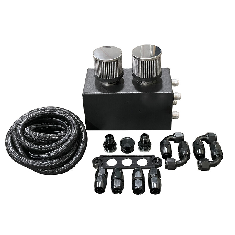 AN10 Oil Catch Can Reservoir Tank w Dual Breather Filter Baffled Tank Kit 4 Port