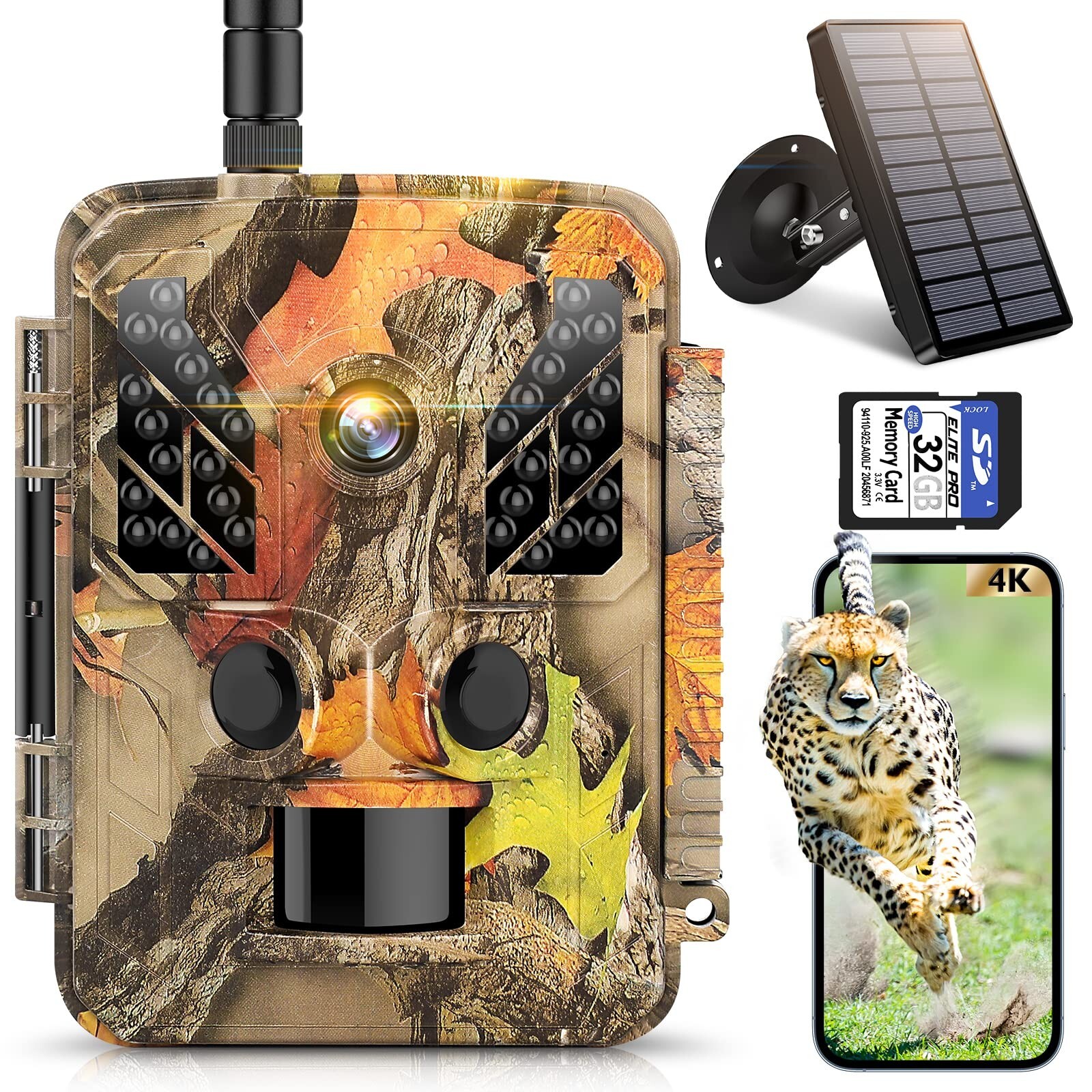 Solar Trail Camera WiFi 4K Wildlife Hunting Game Nightvision Waterproof 32G Card