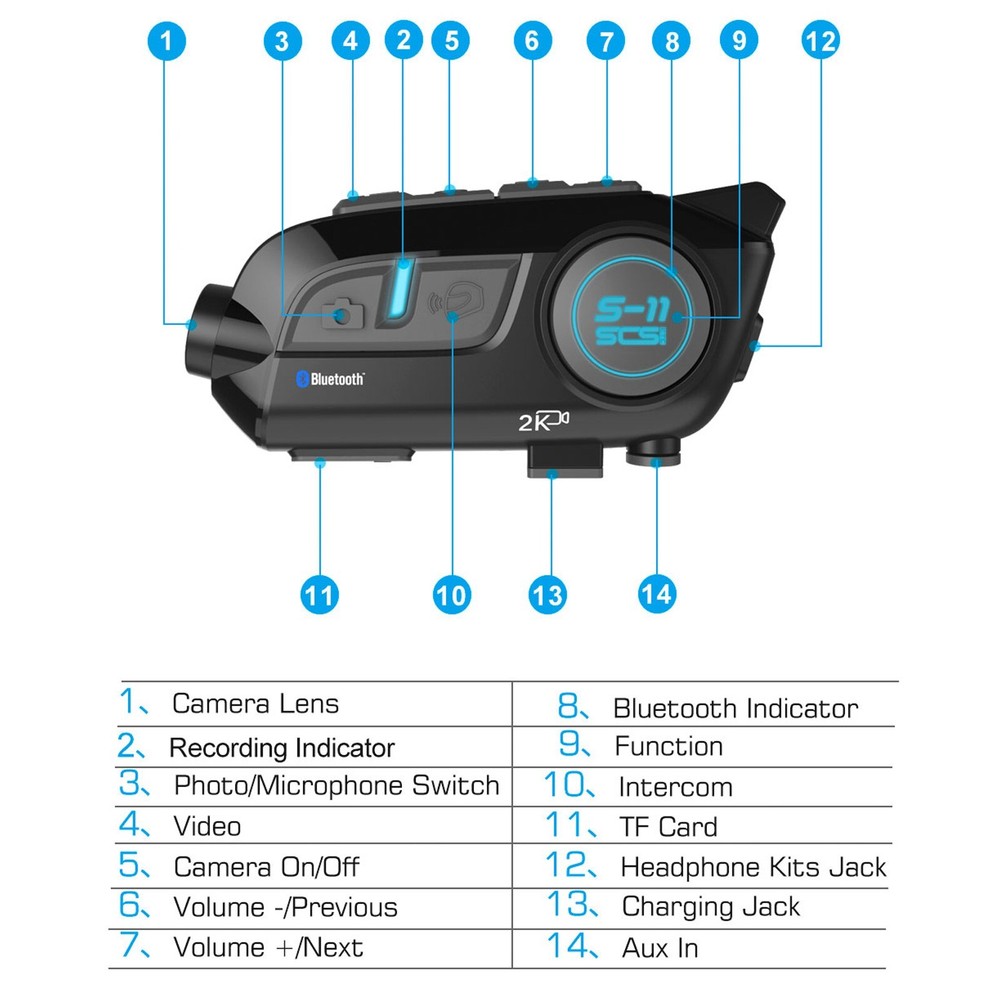 SCS S-11 Bluetooth Intercom With Integral 2K HD Action Video Camera