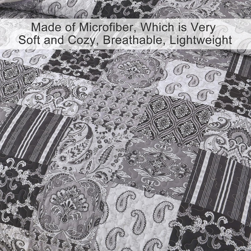 King Size Grey Quilt Set Patchwork Plaid Boho Bedding 3 Piece Bedspread Set