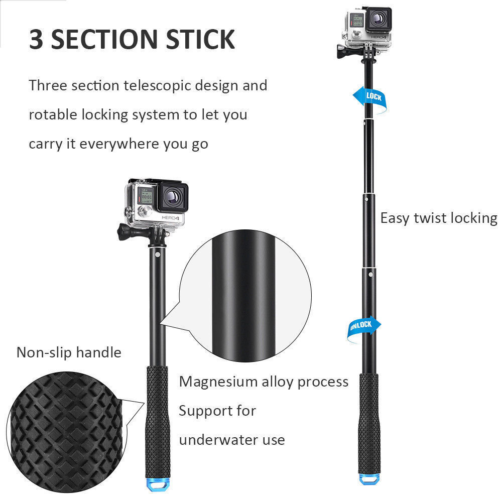 36" Selfie Stick Hand Grip Extension Pole for GoPro Hero 10 9 8 7 6 5 4 3+ 3 2 1