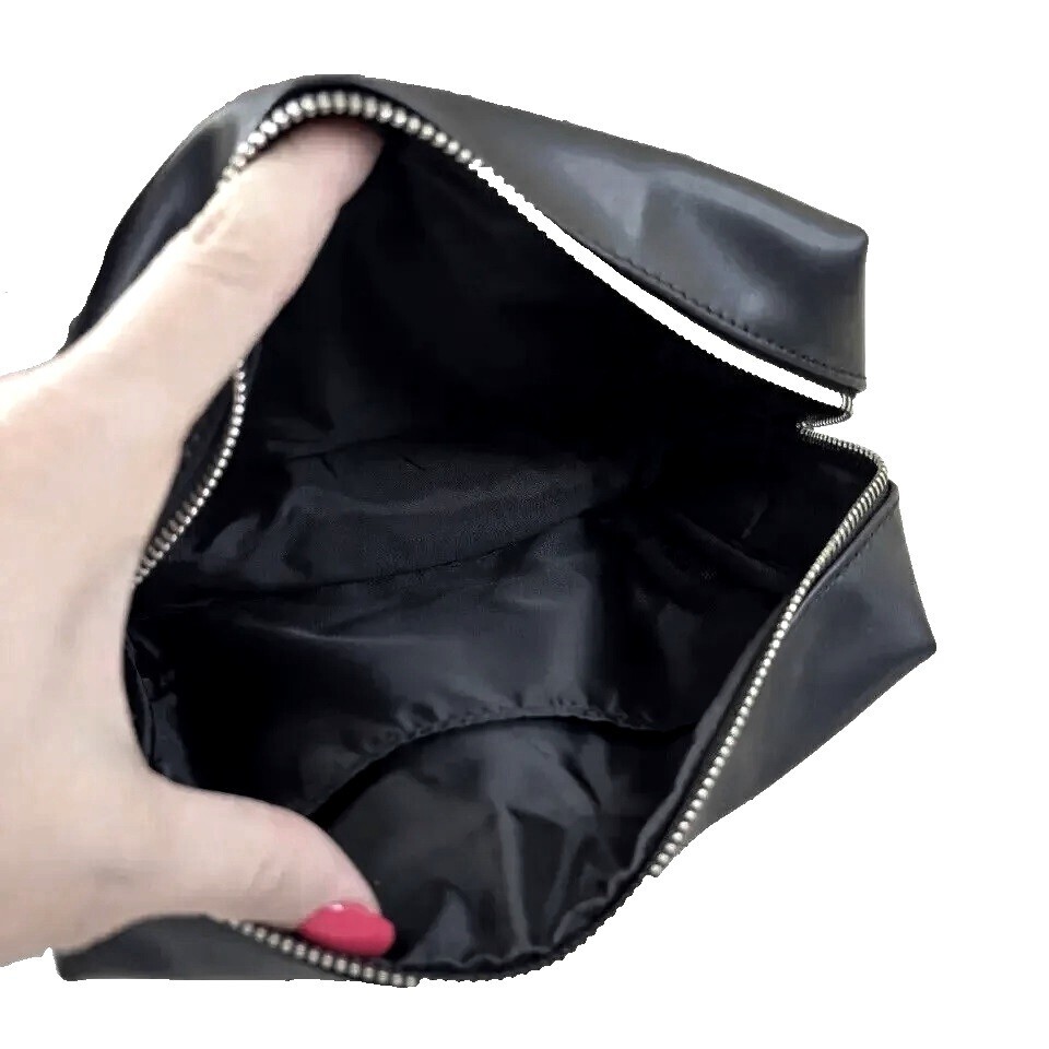 YSL Yves Saint Laurent Black Faux Leather Silver Logo Toiletry Makeup Bag NEW!