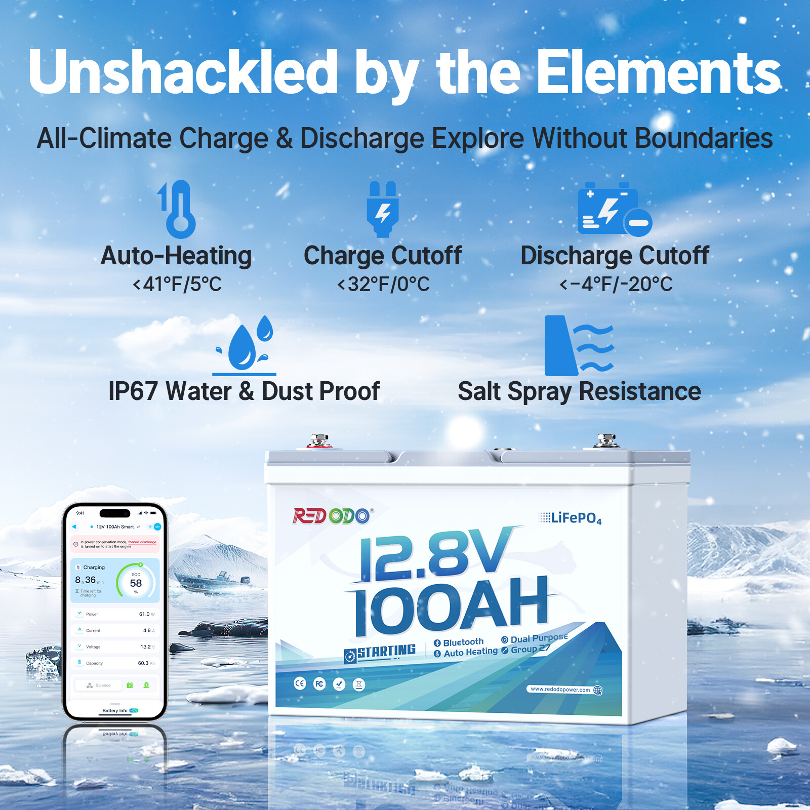 Redodo 12V 100Ah Bluetooth Dual-Purpose 900CCA Group27 Marine Starting Battery