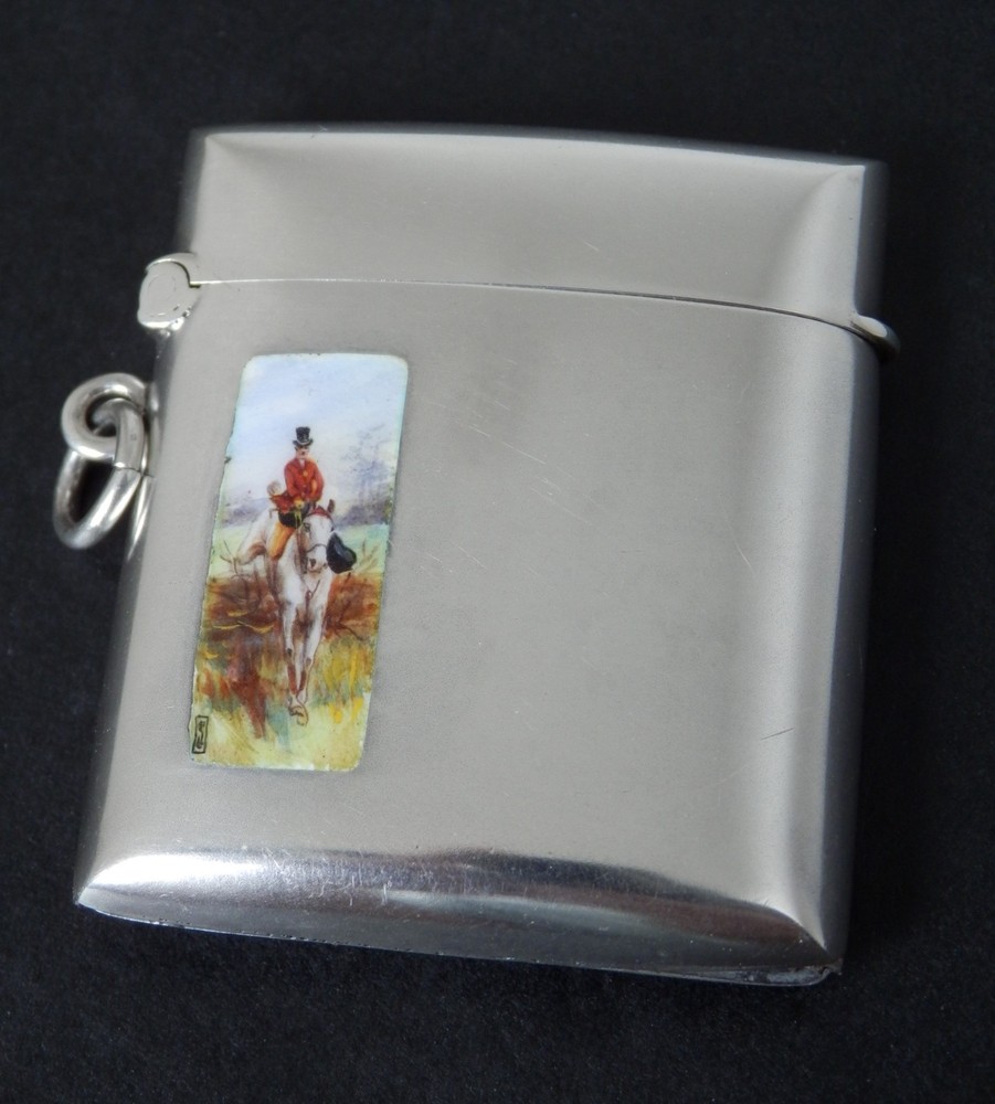 Antique Art Deco Solid Silver Enamel Vesta Case Huntsman Design