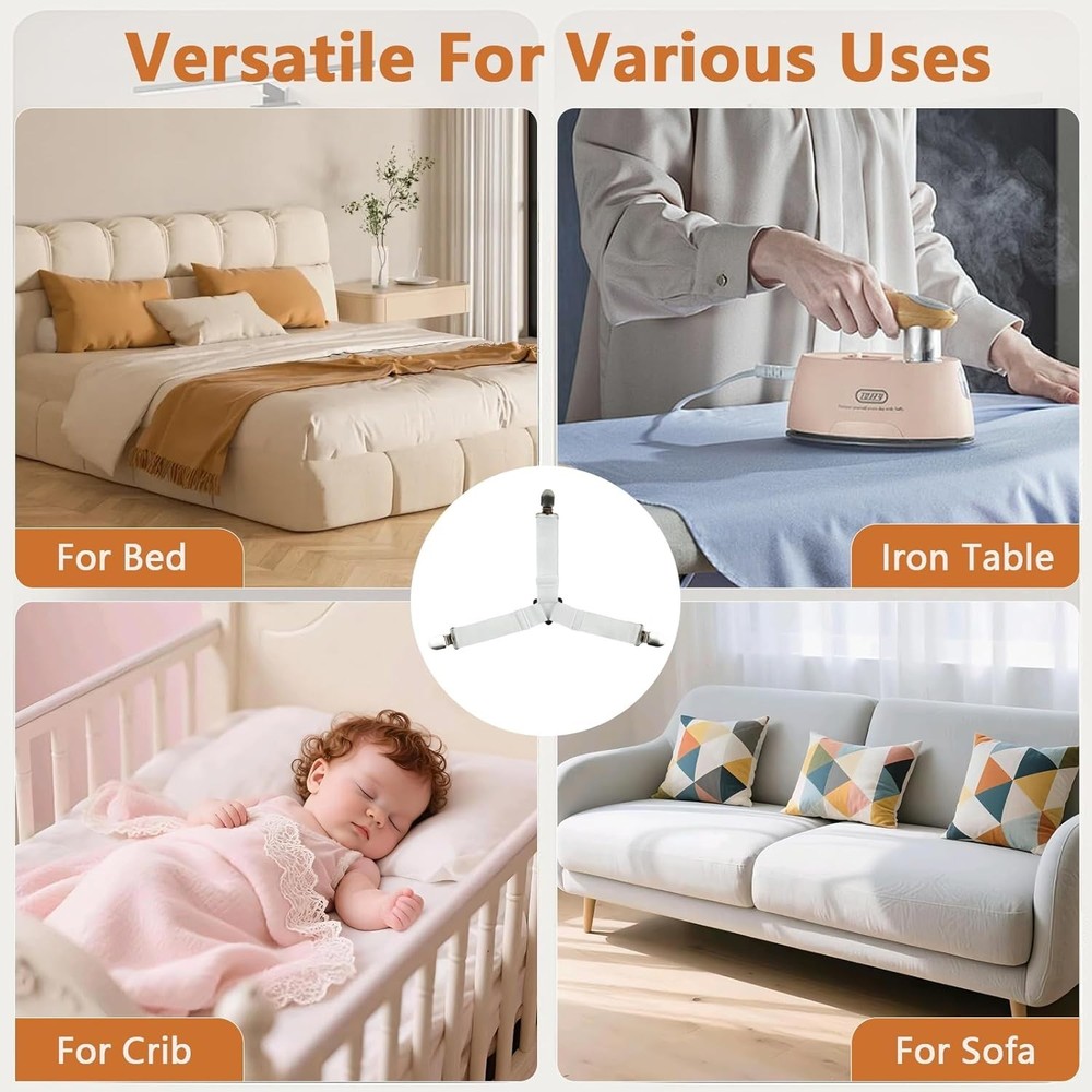 4PCS Bed Sheet Straps Adjustable Elastic Sheet Holders with Metal Clips White