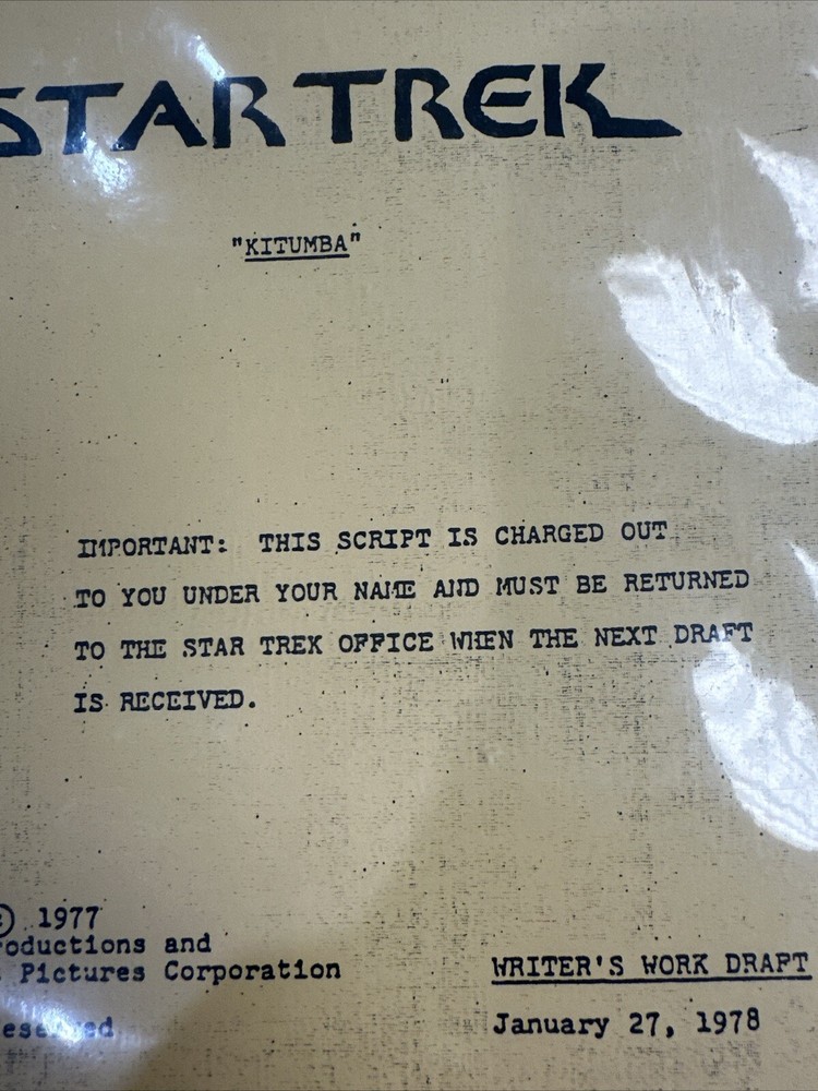 Star Trek “Kitumba” Script 1978 Writer’s Work Draft In Protective Sleeve