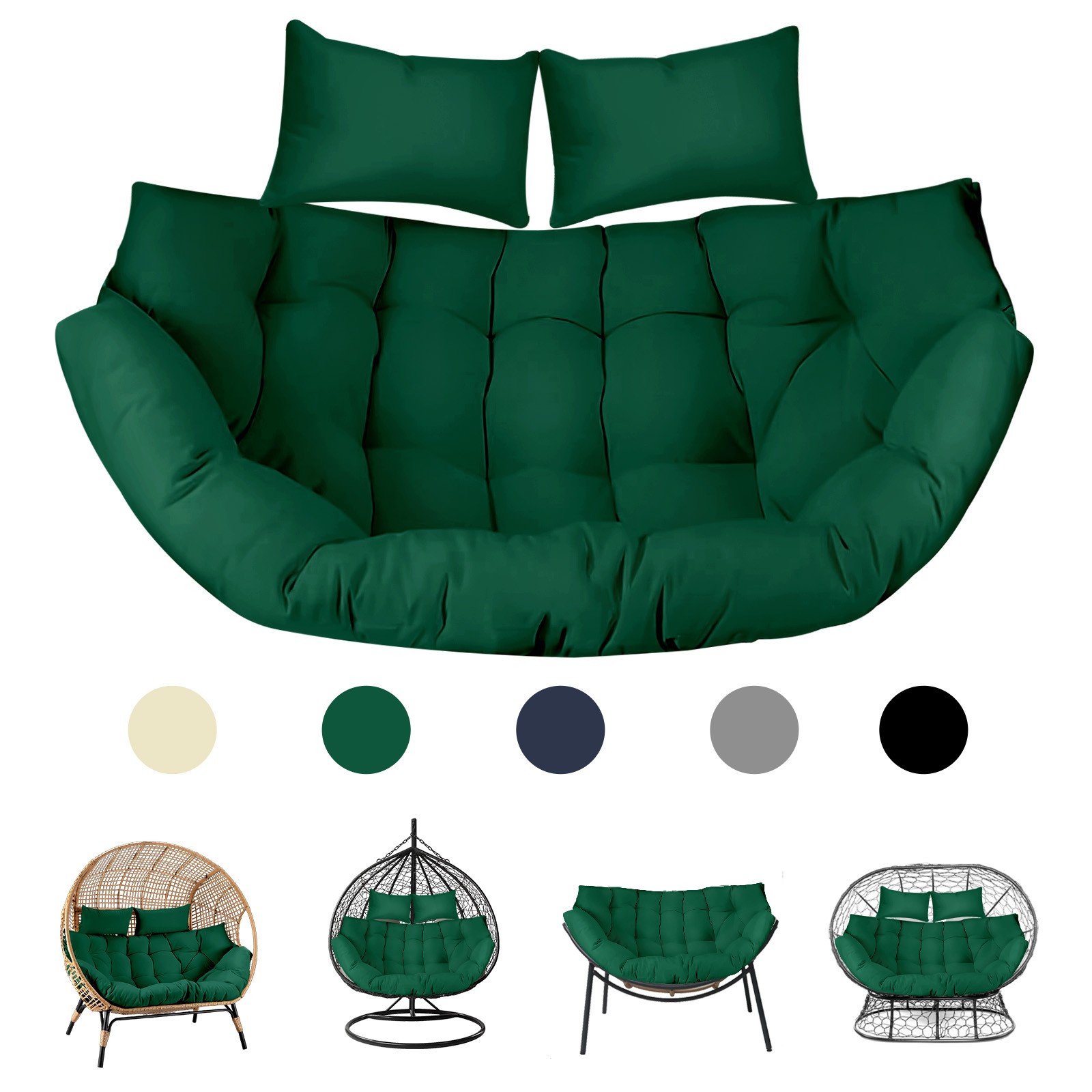 Double Egg Chair Seat Cushion w/ Pillows Waterproof Basket Chair Replacement Pad