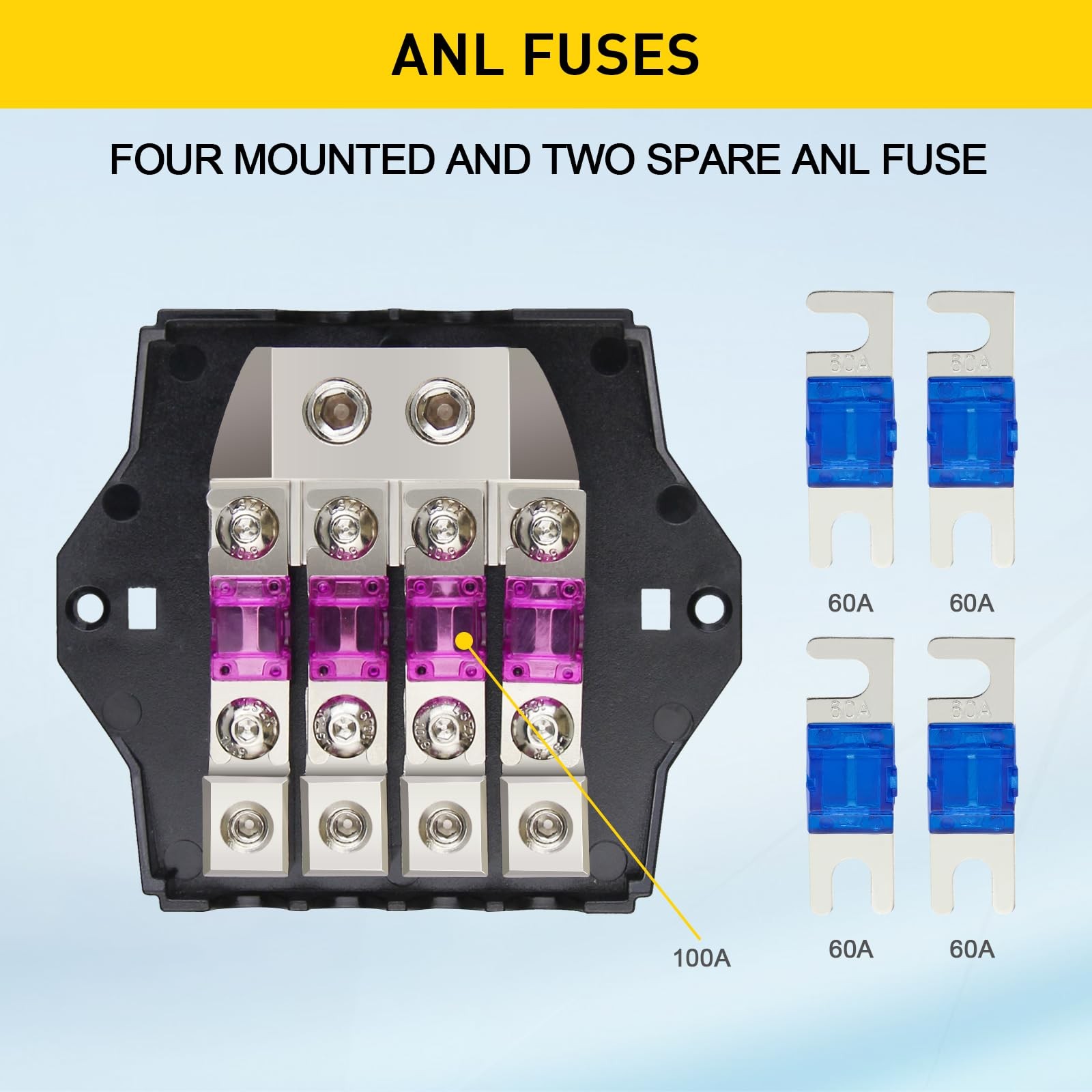 4 Way ANL Fused Distribution Block, 2 X 0/2/4 Gauge in / 4 X 4/8/10Gauge Out Fus