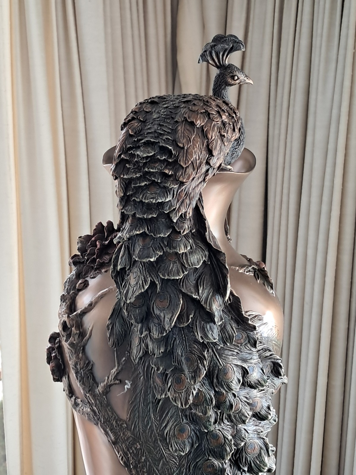 Bronze Style Prunus And Peacock Large Decorative Flower Vase ~ 19.5" Signed