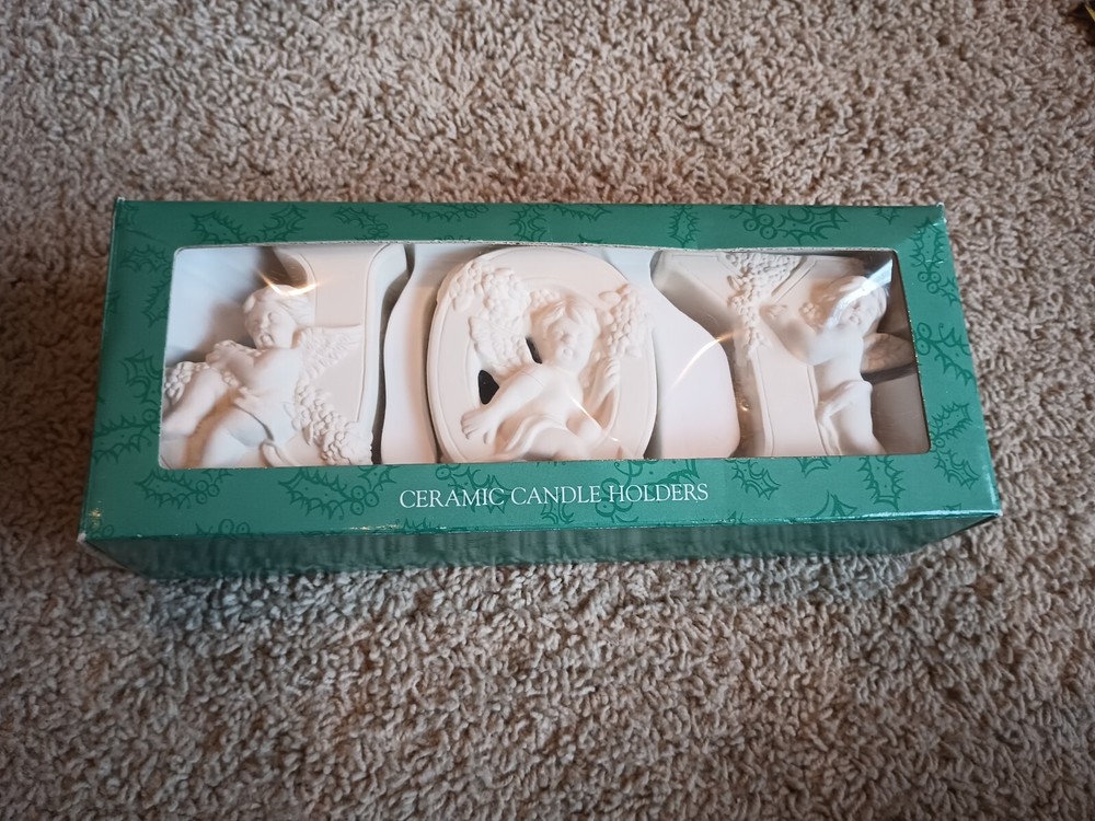 JOY and cherubs Ceramic Candle Holders NIB