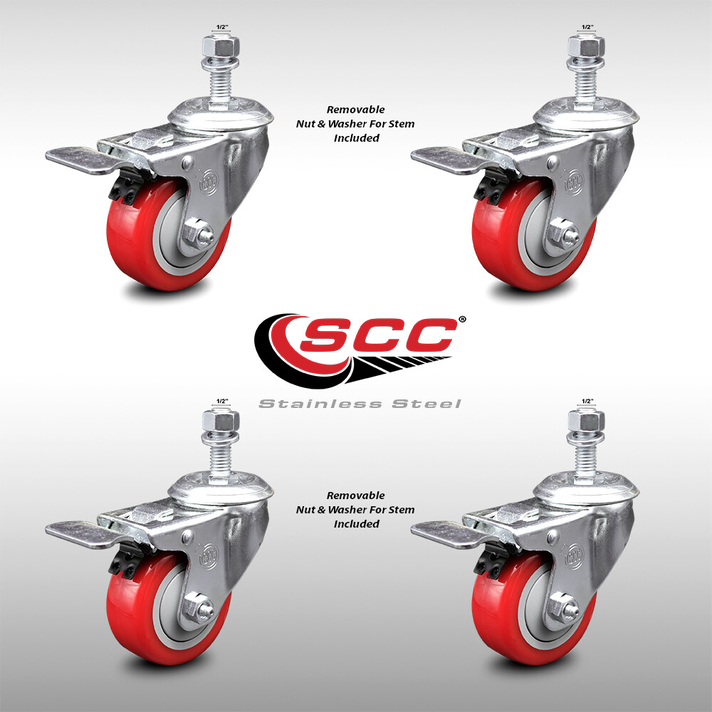 3 Inch SS Red Polyurethane ½ Inch Threaded Stem Caster Set Total Lock Brake