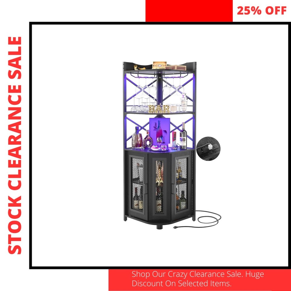 LED Corner Bar Cabinet Industrial Outlet Black