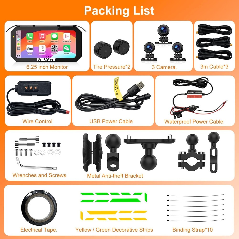 6.25 Inch Wireless Motorcycle Carplay - Waterproof GPS Nav Touchscreen Stereo