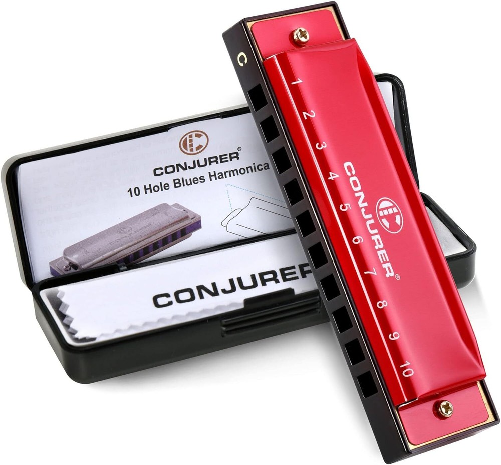 CONJURER Blues Harmonica for Beginners 10 Hole Diatonic Harmonica Key C Red US