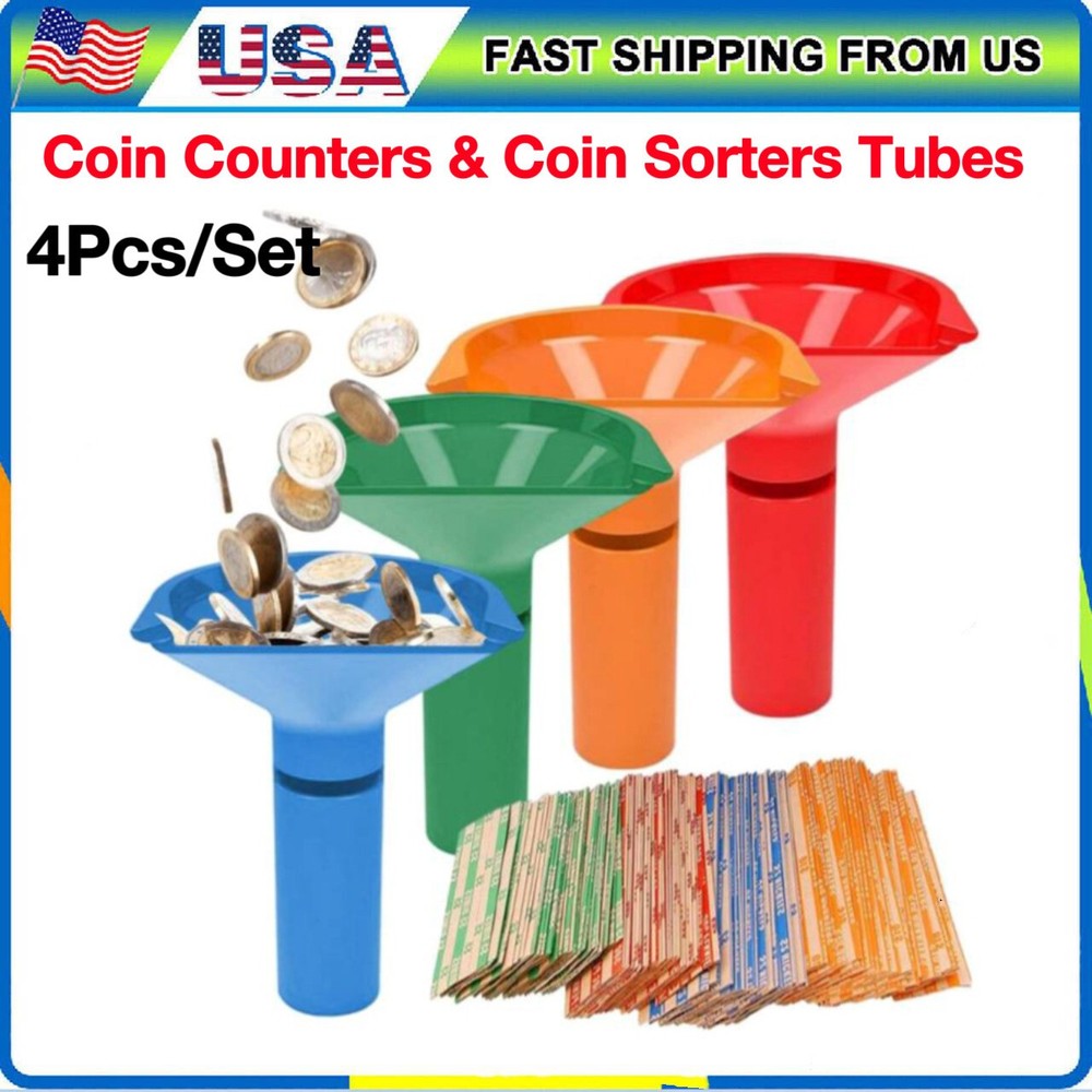 4PCS/SET 4 Color-Coded Coin Storage & Sorter Tubes Assorted Wrappers Counters US