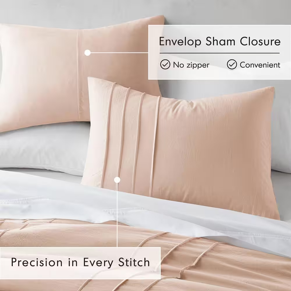 Porter 3-Piece Blush Microfiber Queen Soft Washed Pleated Comforter Set