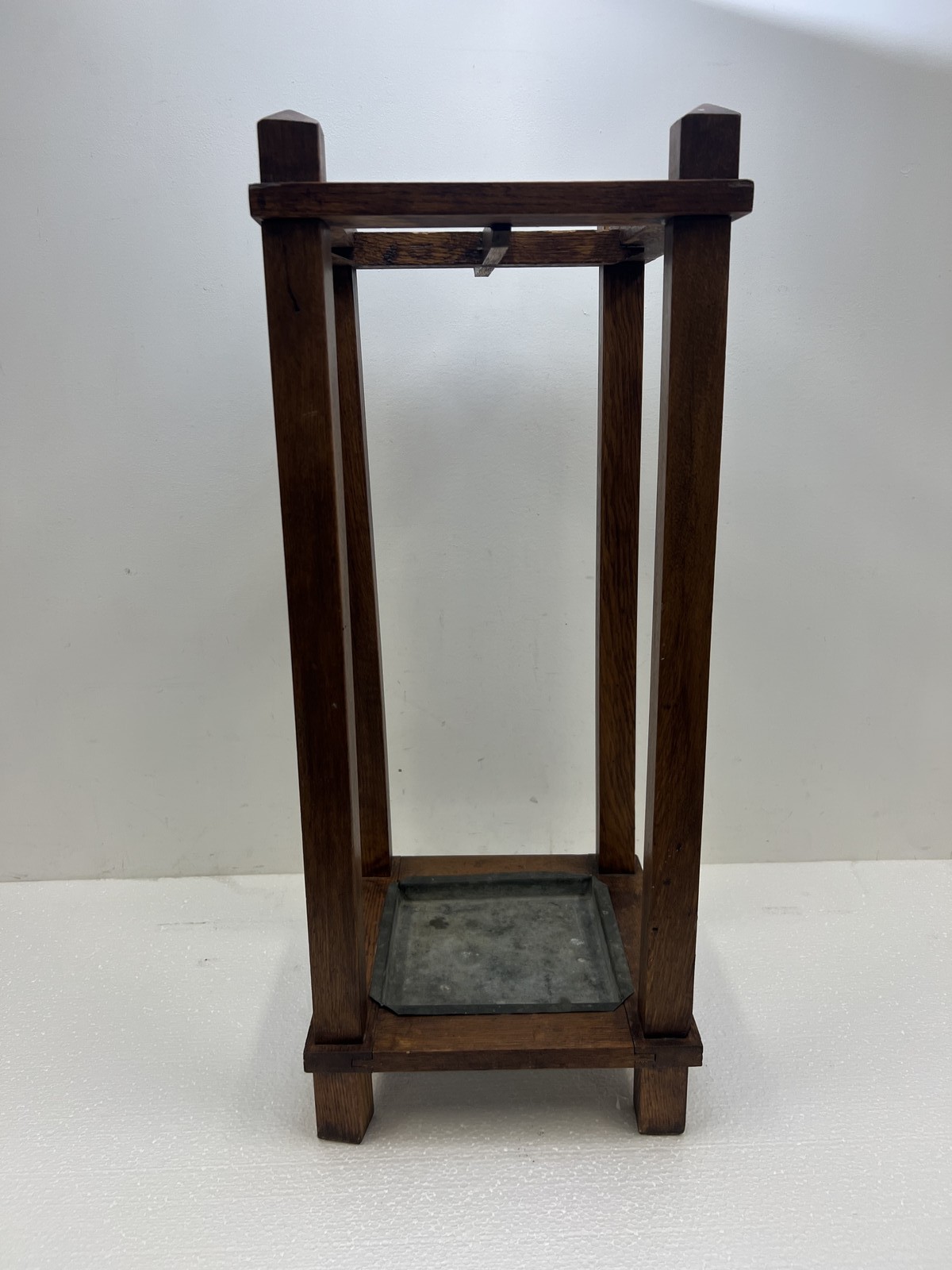 Antique Arts & Crafts Umbrella Stand Metal Drip Tray vintage mission wood sikes