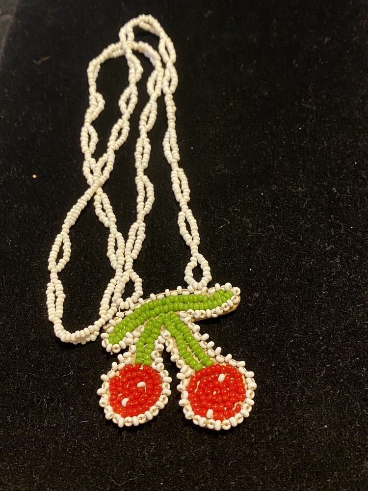 Three seed bead on leather fruit image necklaces