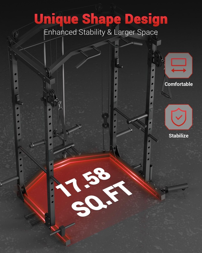 Power Cage Multi-Function Power Rack Home Gym with J Hooks Dip Bar Pulley System