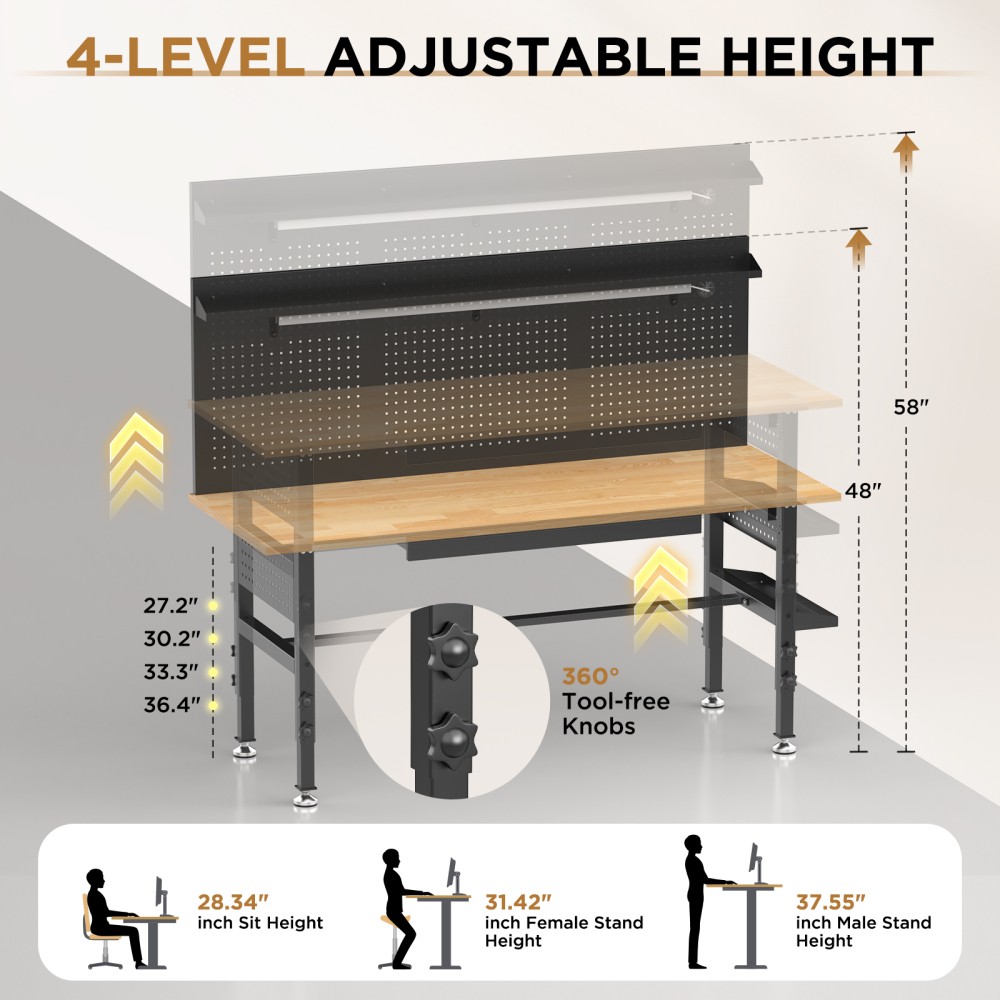 60" Adjustable Workbench w/ Drawers, 2000lb Cap, LED Light, Outlet