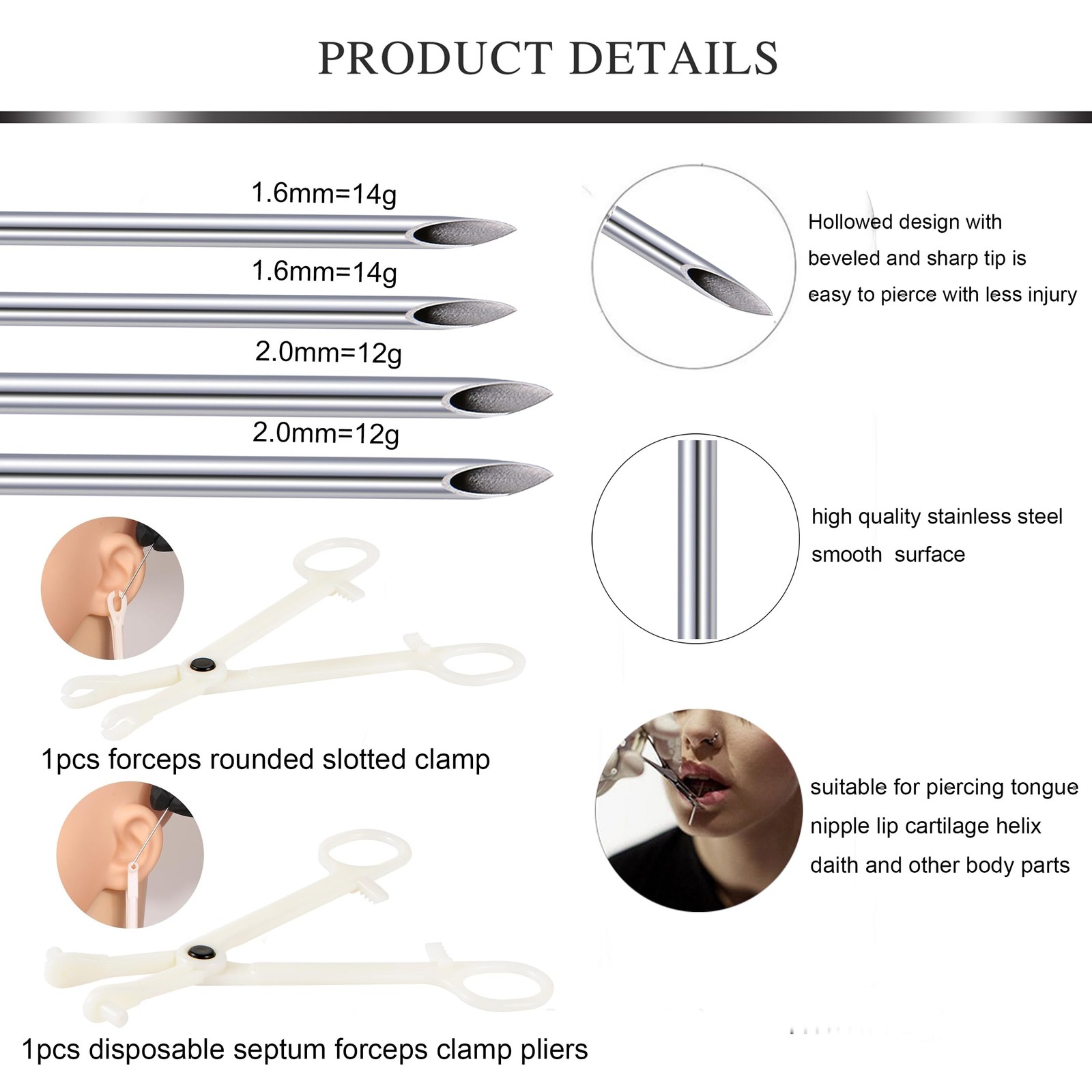 Piercing Kit Disposable 12G 14G Needles Clamp with 12MM 14MM 16MM 18MM Surgic...