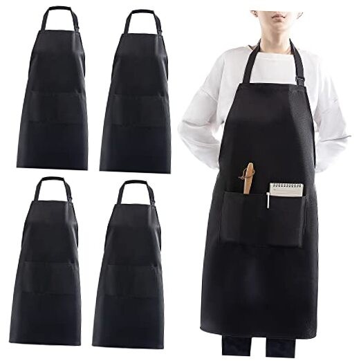 4 Pack Adjustable Apron Apron with 2 Pockets, Machine Washable Polycotton Black