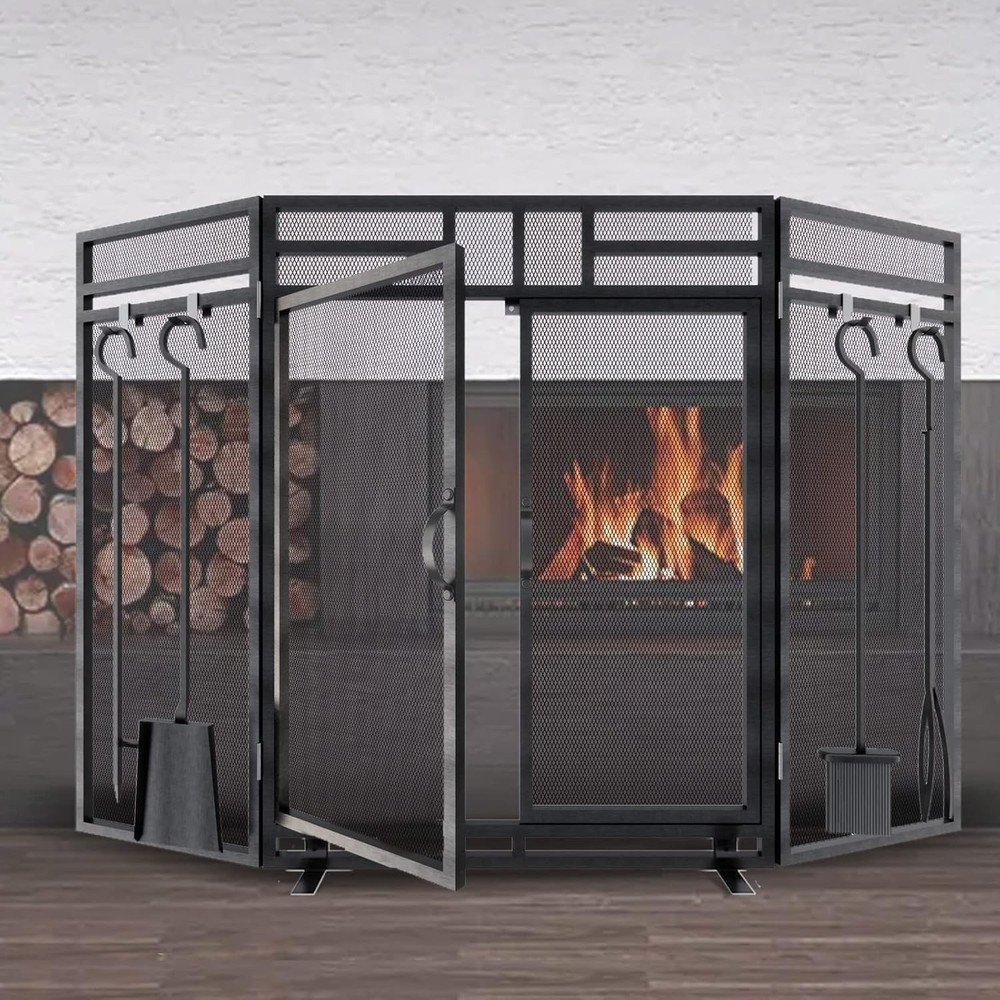 Fireplace Screen with Doors and Tools Set,3 Panel Foldable Metal Fireplace Guard