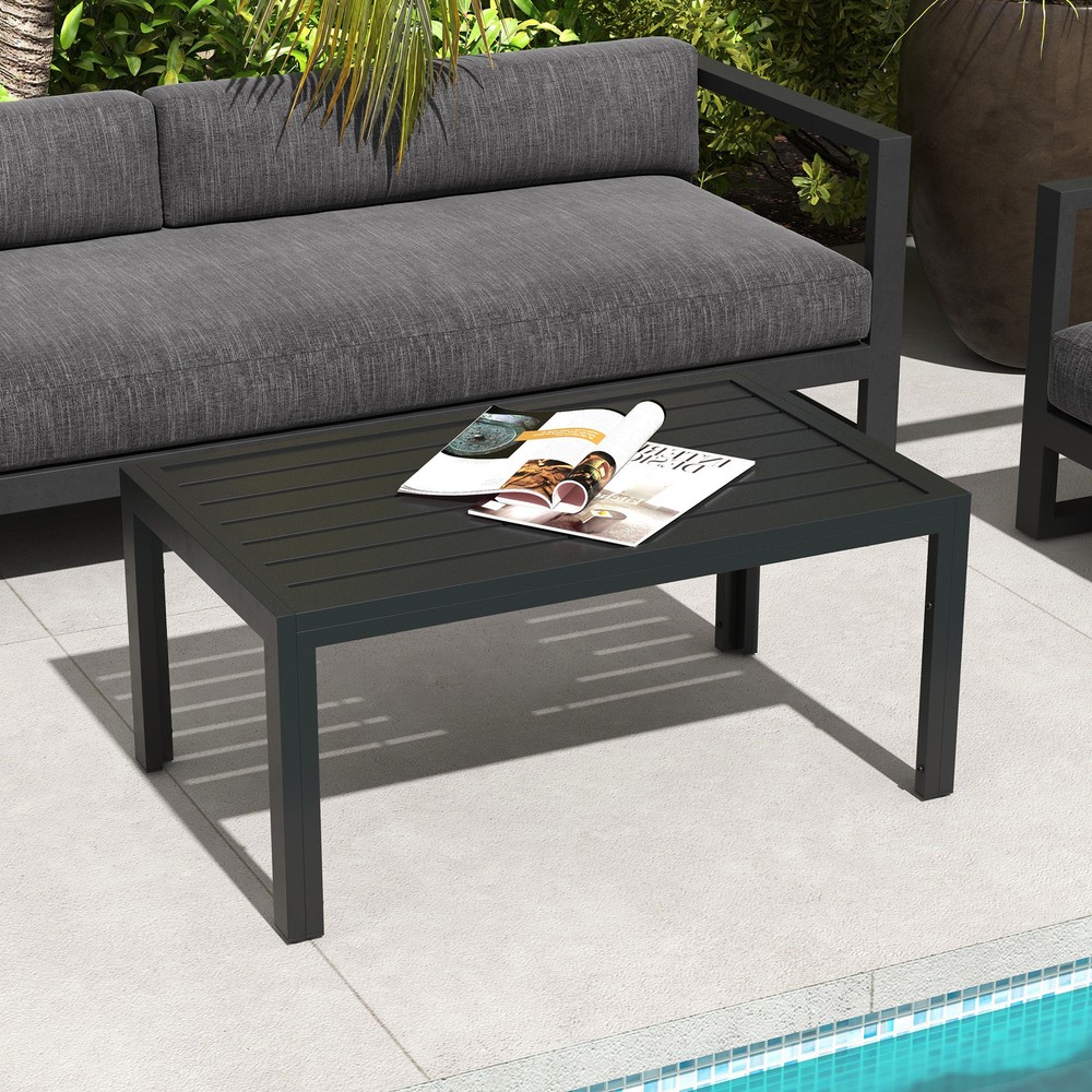 Outdoor Coffee Table Rectangle Side Table with Steel Frame Black
