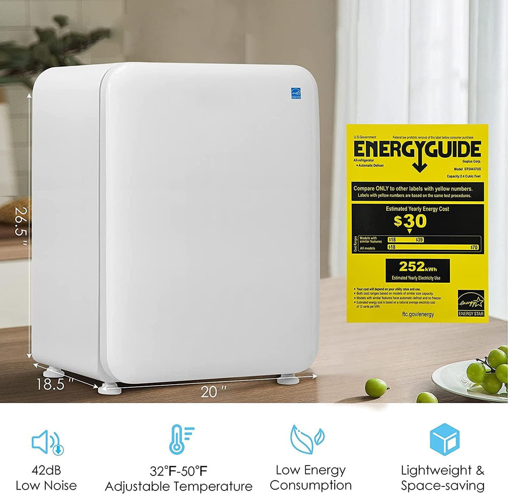 Compact 2.4 Cu Ft Mini Fridge with Adjustable Temp & Auto Defrost - White