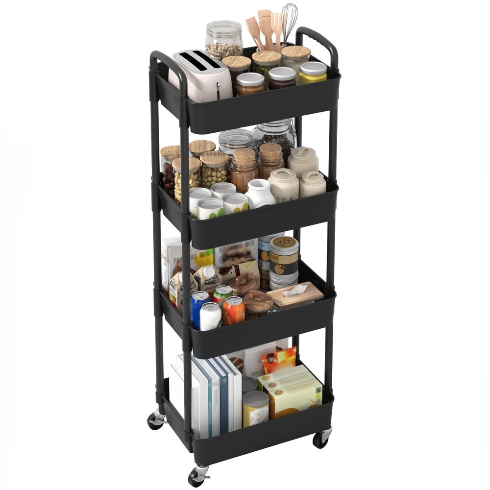 4-Tier Plastic Rolling Utility Cart with Handle Multi-Functional Storage Trolley