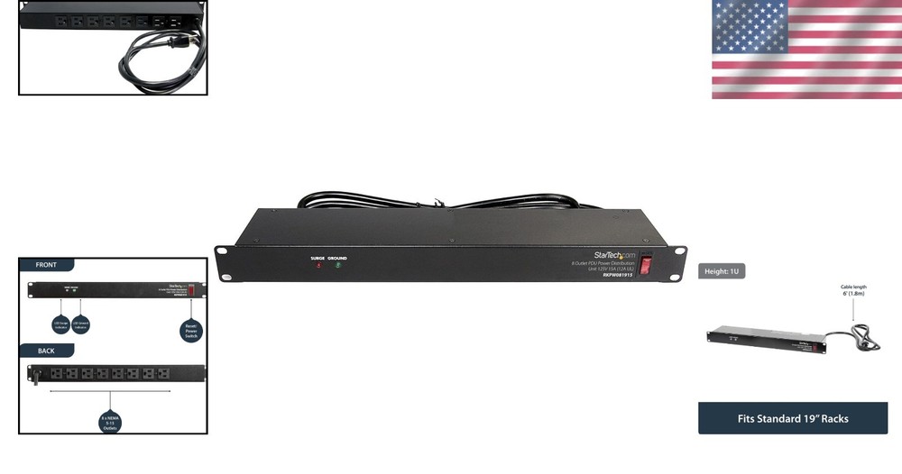 Rack Mountable Power Strip with Surge Protection - 8 Outlets