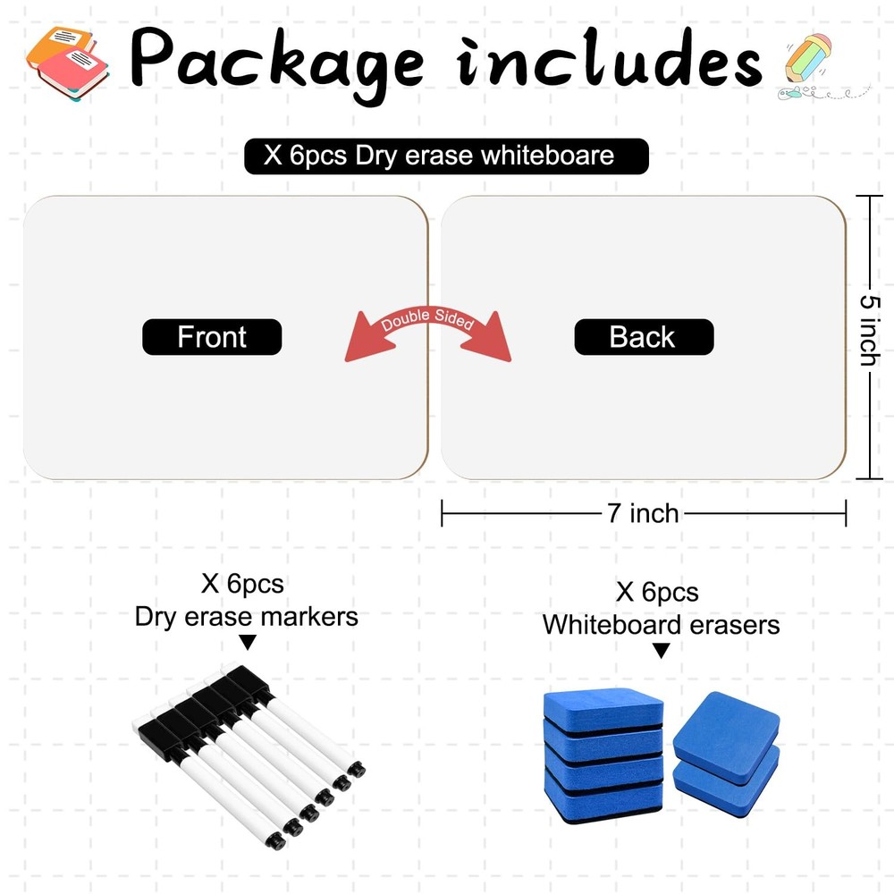 6Pack Dry Erase Boards 5" x 7" DoubleSided Mini Whiteboard Set – Includes Mar...