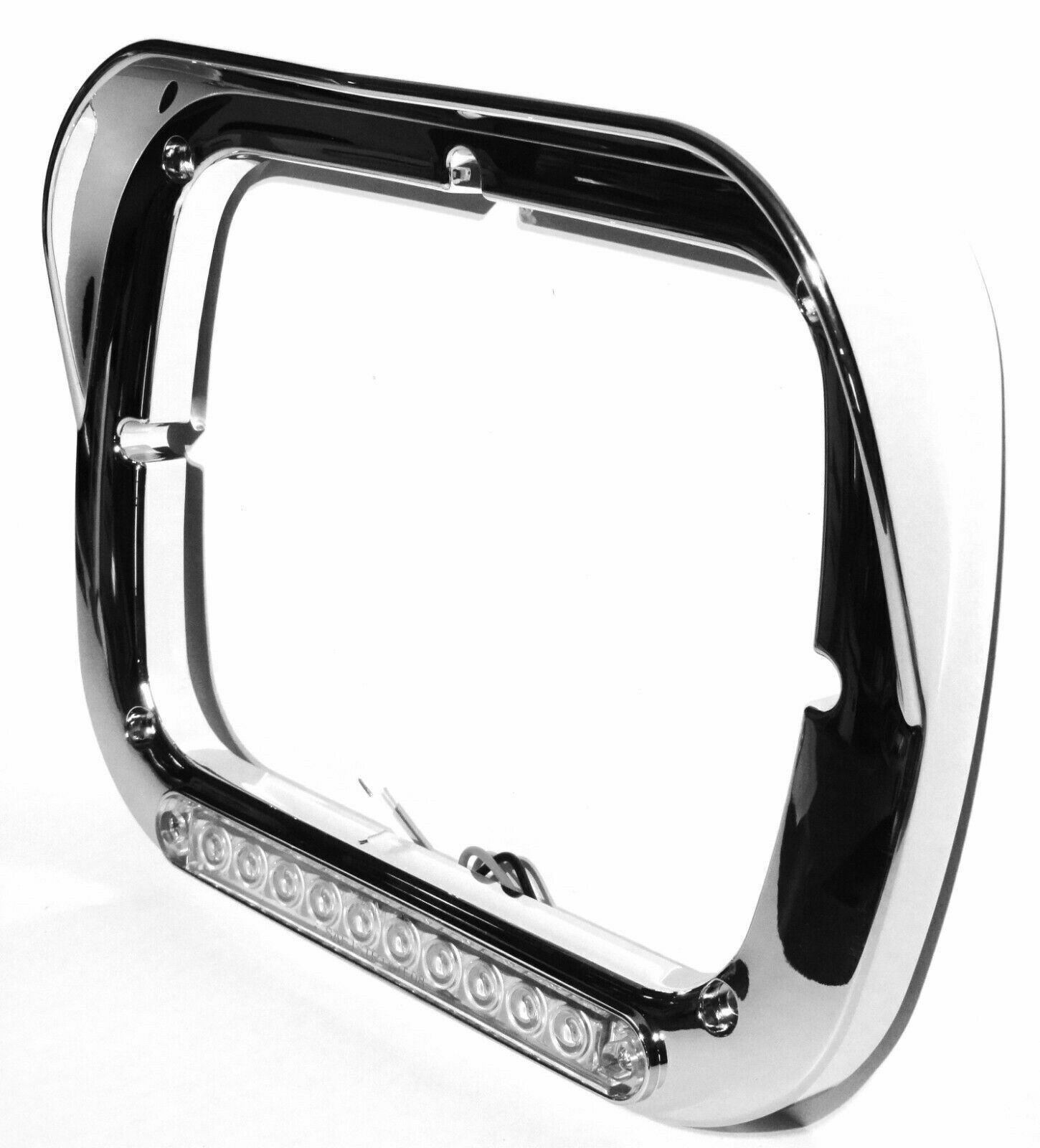 headlight bezel 6x8 clear lens amber LED chrome plastic visor for Peterbilt each