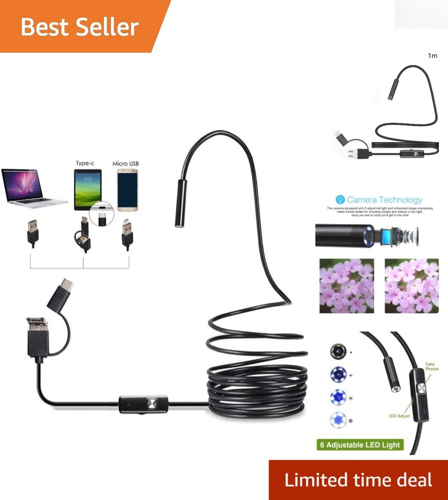 3-in-1 Waterproof Endoscope Camera with 6 LED for Android & PC - 1M Flexibility