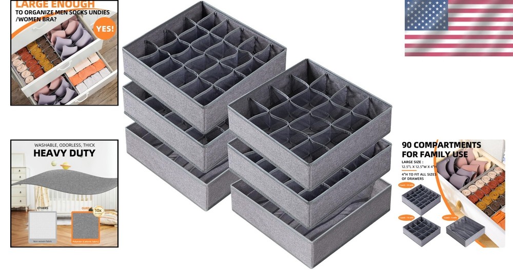 6 Pack Luxury Drawer Organizer Set - 90 Cell Washable Storage for Clothes