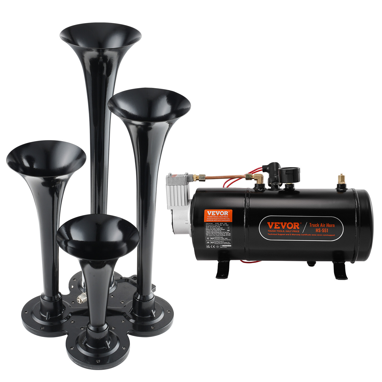 VEVOR Train Horns Kit 4 Trumpet Air Horn Kit 120 psi Air Compressor 0.8 Gal Tank