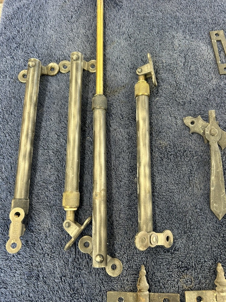 1930 Window Hardware 4 Sets Complete Latches Hinges Hold Open Pistons