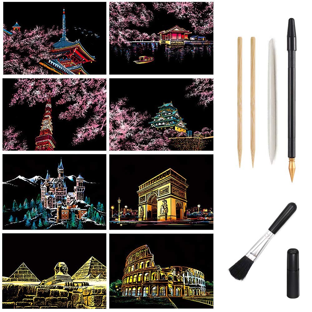 Magic Scratch Art Paper, Mini Envelope Postcard, Building & Cherry Blossom