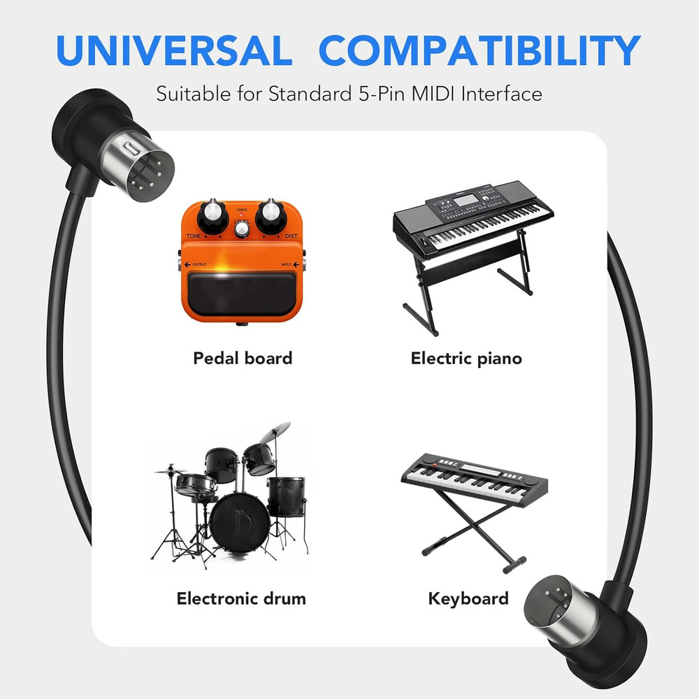 4 Pack Premium Right Angle MIDI Cable 1FT, Low Profile for Saving Space MIDI Cab