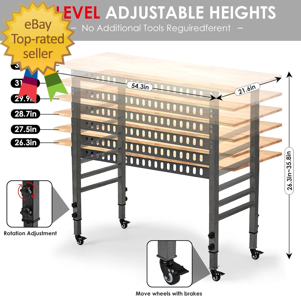 54.3 "Adjustable Workbench with Power Outlet Heavy Duty 2000 LBS Load Capacity