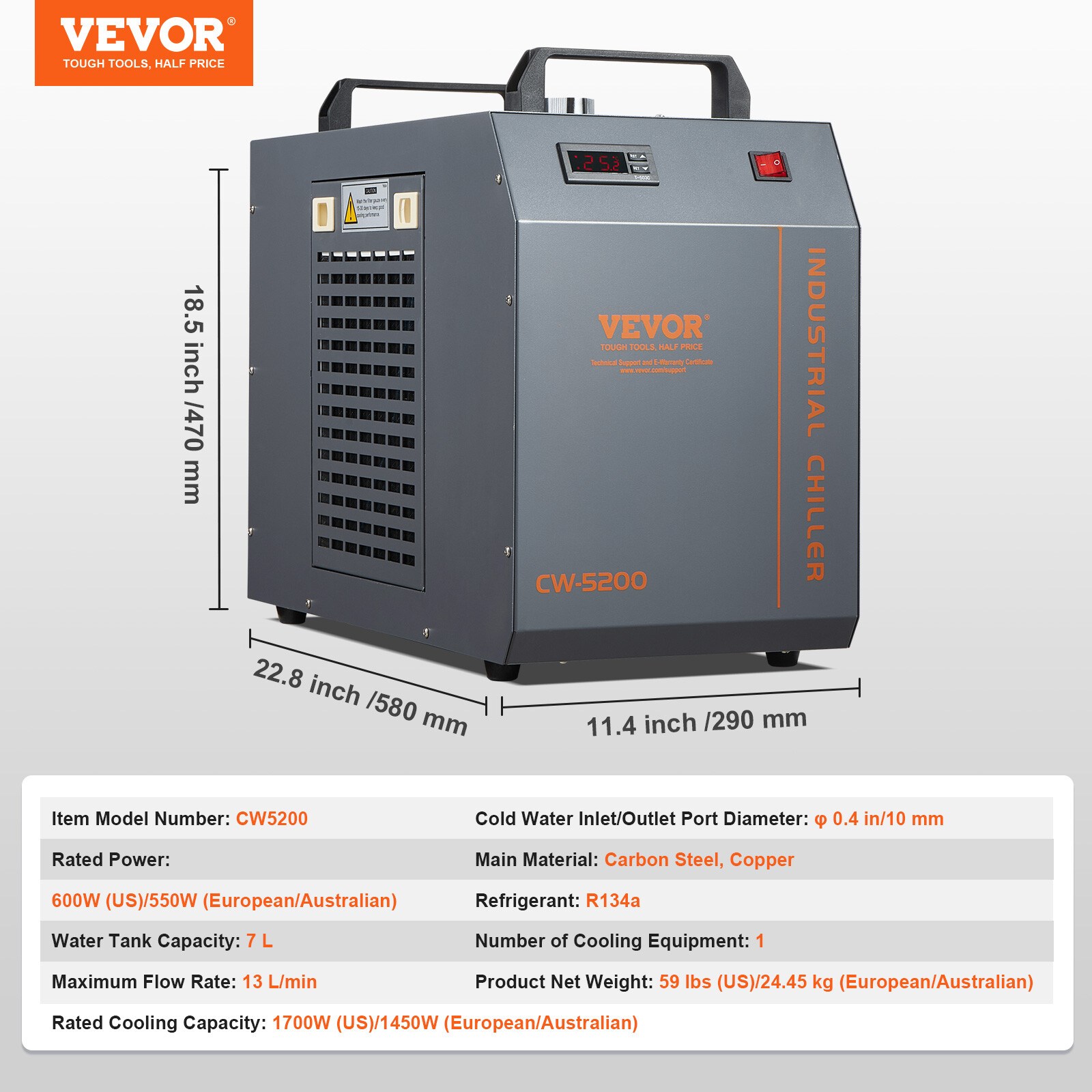 VEVOR Industrial Water Chiller CW-5200 7L 13L/min Laser Chiller with Compressor