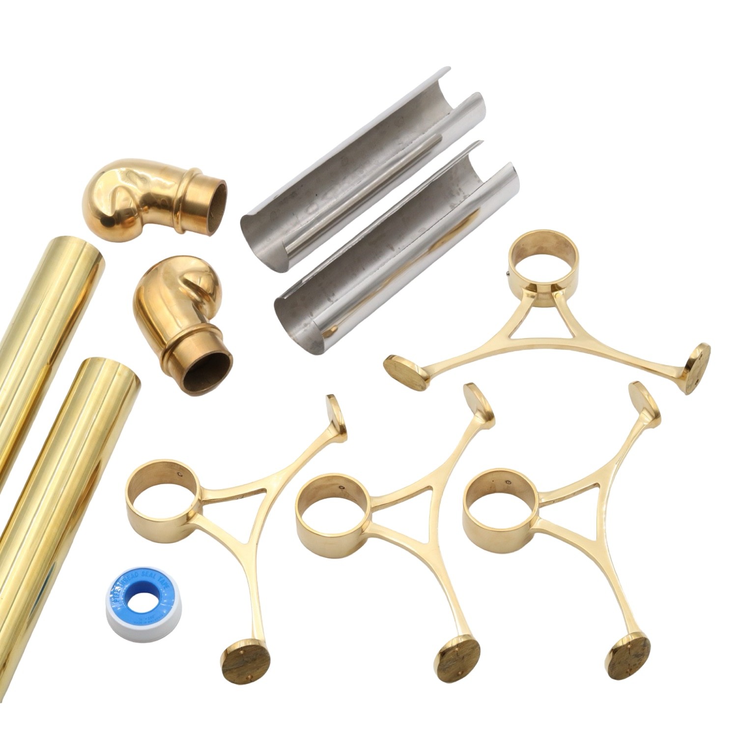 8 Foot Long Brass Bar Rail Kit 2" Diameter w Four Brackets and Two scroll Ends