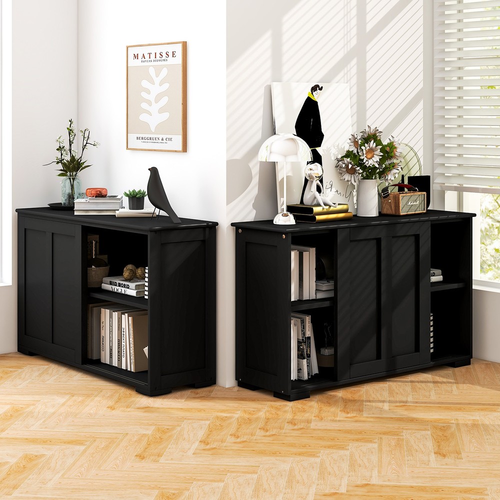 Stackable Buffet Sideboard Set of 2 w/ Sliding Doors & Adjustable Shelf Black